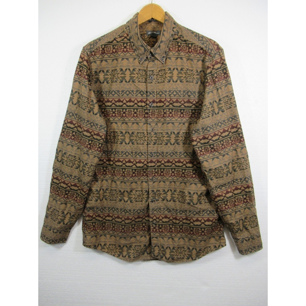 Eddie Bauer Aztec Southwestern Print Button Down Shirt Men LT Brown Long Sleeve